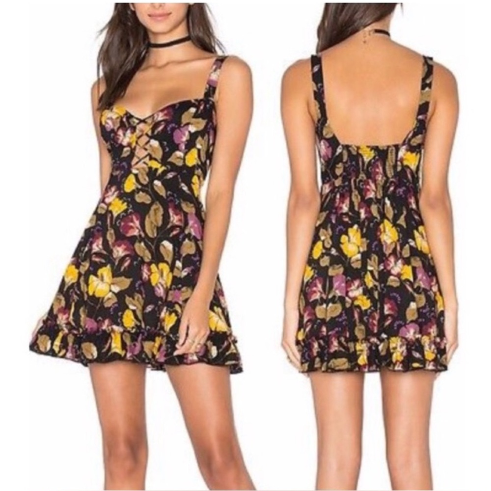 Free People Black Floral Mini Dress with Yellow and Purple Blooms